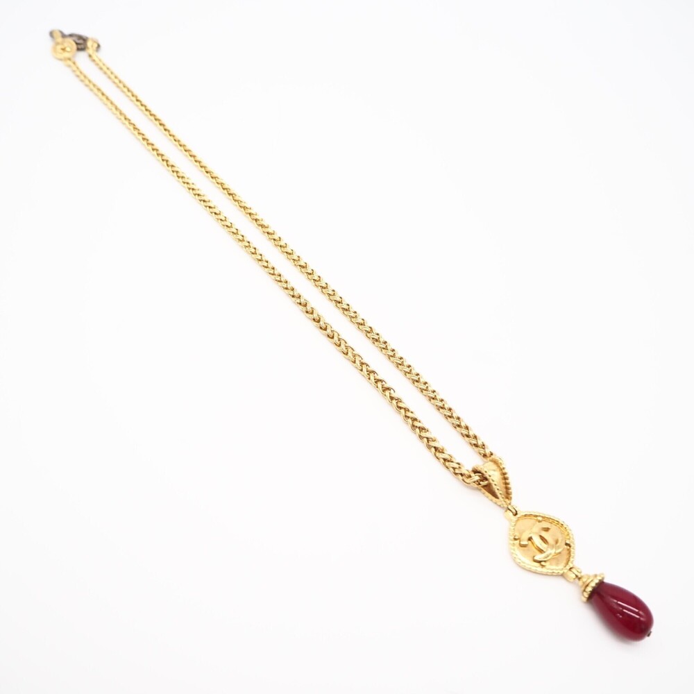 CHANEL Coco Mark Long Necklace, Resin, Gold, Red, GP, Women's - Picture 2 of 10